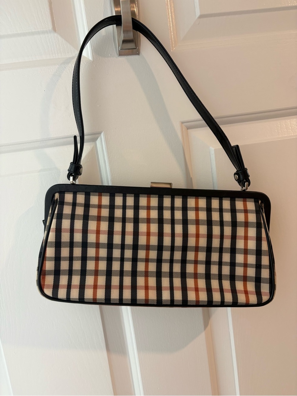 Plaid Frame Shoulder Clutch in Beige and Black